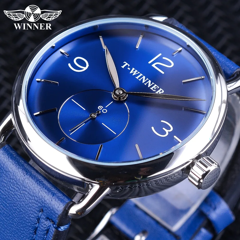 

Winner Fashion Blue Dial Second Hand Independent Design Blue Genuine Leather Belt Men's Mechanical Watches Top Brand Luxury