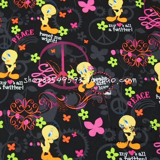 

140X100cm A Twitter Tweety Bird and Peace Tweet Me Wight Cotton Black Fabric for Girl Clothes Sewing Hometextile DIY-AFCK762