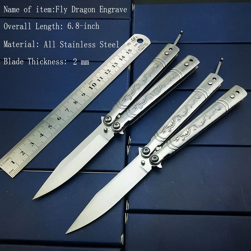 

6.8" Inch Fly Dragon Butterfly in Knives Hunting Knife Silver Titanium Rainbow Mirror Stainless Steel No Sharp Trainer EDC Gift