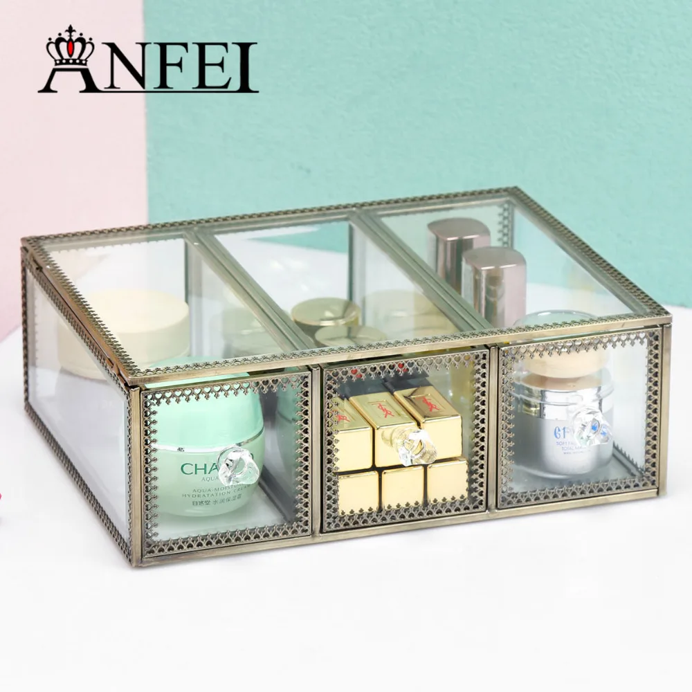 

ANFEI Big Makeup Organizer Bronze Edge With Drawers Cosmetic Lipstick Nail Polish Storage Has 3 Style Decorative Dressing C218