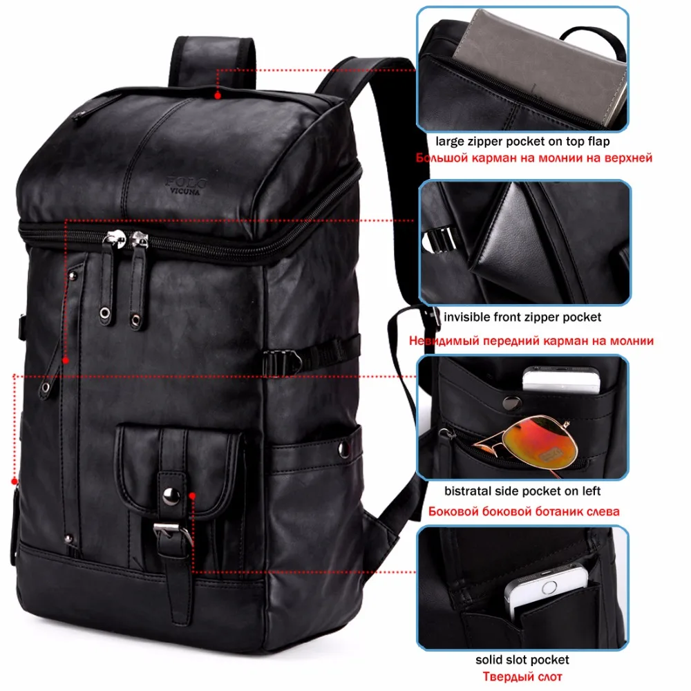 Vicuña POLO de alta capacidad grande para hombre bolsa mochila negro de cuero mochila viaje mochila masculina