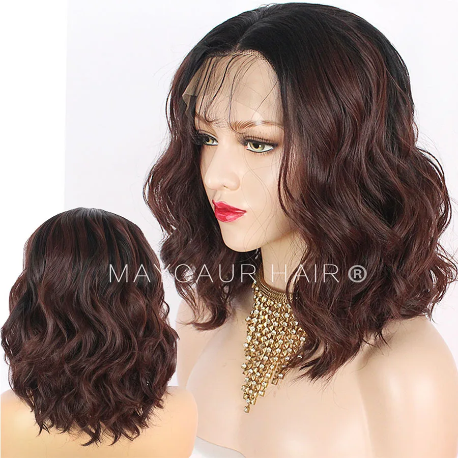 Maycaur Natural Wavy Glueless Synthetic Lace Front Wigs Short Bob Black Blonde Brown Color Lace Wig Natural Hair for Women
