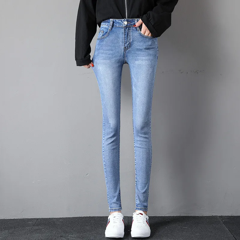 Skinny Slim Jeans For Women Vintage Style Black Women's Jeans Female Denim Pencil Pants Stretch Korean Jeans For Woman - Цвет: Light Blue