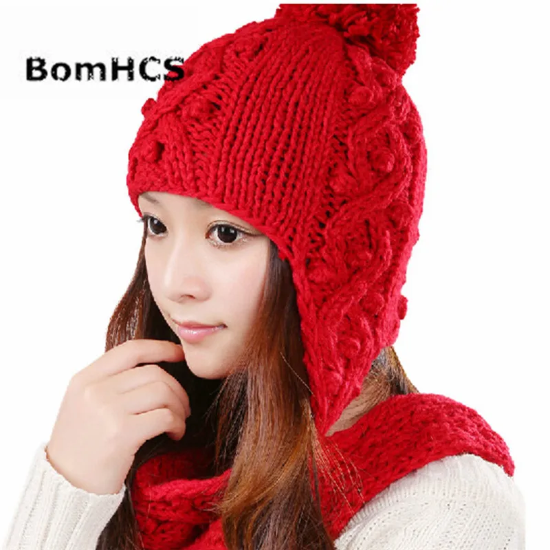 

BomHCS Solid Color Hollow Winter Women Warm Ear Muff Knitted Hat Collar Scarf Beanie Hat Cute Handmade Crochet Knit Skully Cap