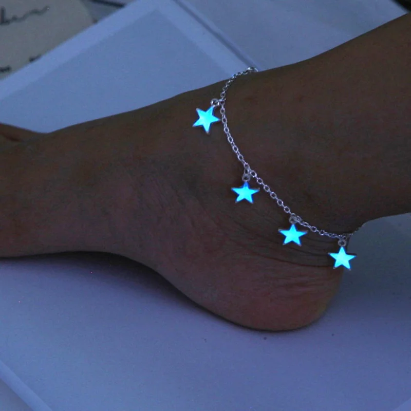 Флуоресцентный ножной браслет, вечерние, подарки для девочек, синяя пятиконечная звезда, кисточка, цепочка на ногу на День святого Валентина, вечерние цепочки