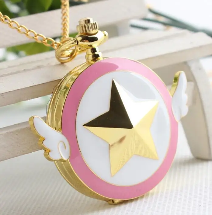 Прекрасный розовый Мода Сейлор Мун кварцевые карманные часы Звезда часы с декором в виде крыльев Цепочки и ожерелья цепь подарки для Для