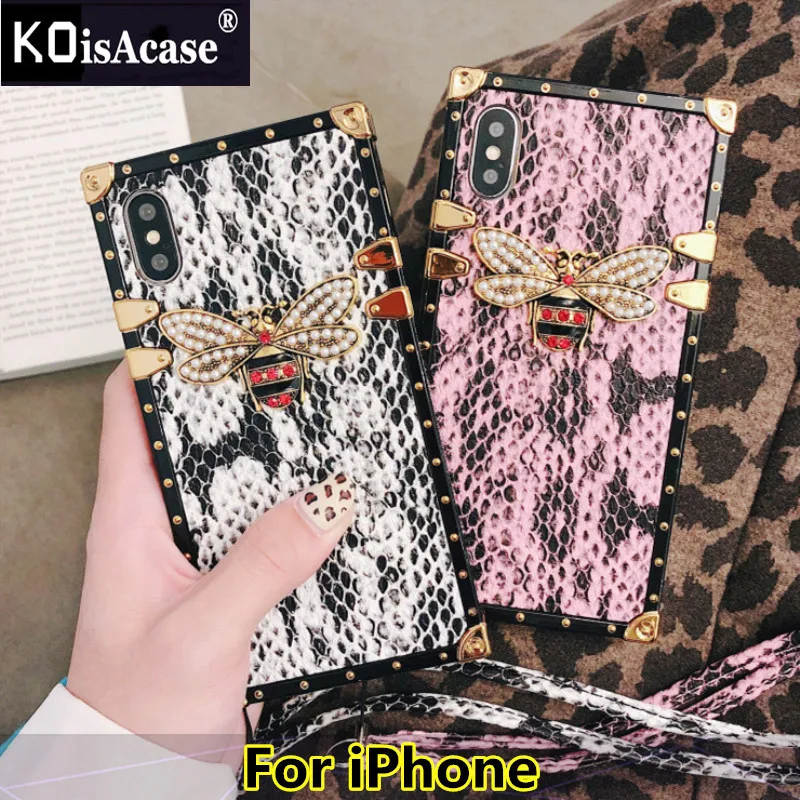 KoisAcase DIY Square Snake skin pattern phone case For iPhone X XR Xs Max 6 6S 7 8 Plus bee with lanyard protective cover |