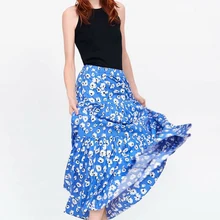 Синий Цветочный принт плиссированная юбка макси богемные длинные юбки для Для женщин с эластичной резинкой на талии в стиле «Бохо летняя юбка Faldas Mujer Moda