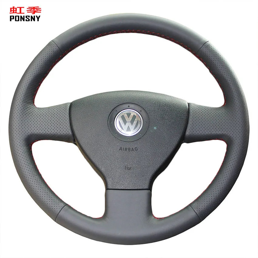 PONSNY Genuine Leather Car Steering Wheel Covers for Volkswagen Old VW Golf Polo Sagitar Lavida 2010 Polo Black