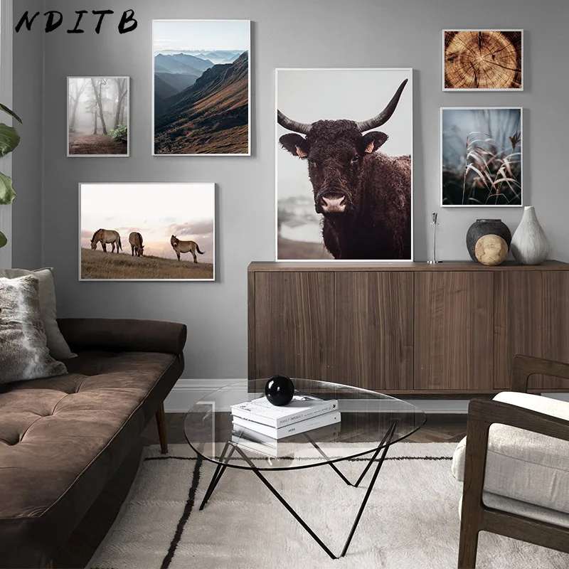 

Scandinavian Poster Nature Highland Cow Mountain Scenery Wall Art Canvas Print Landscape Painting Nordic Decoration Picture