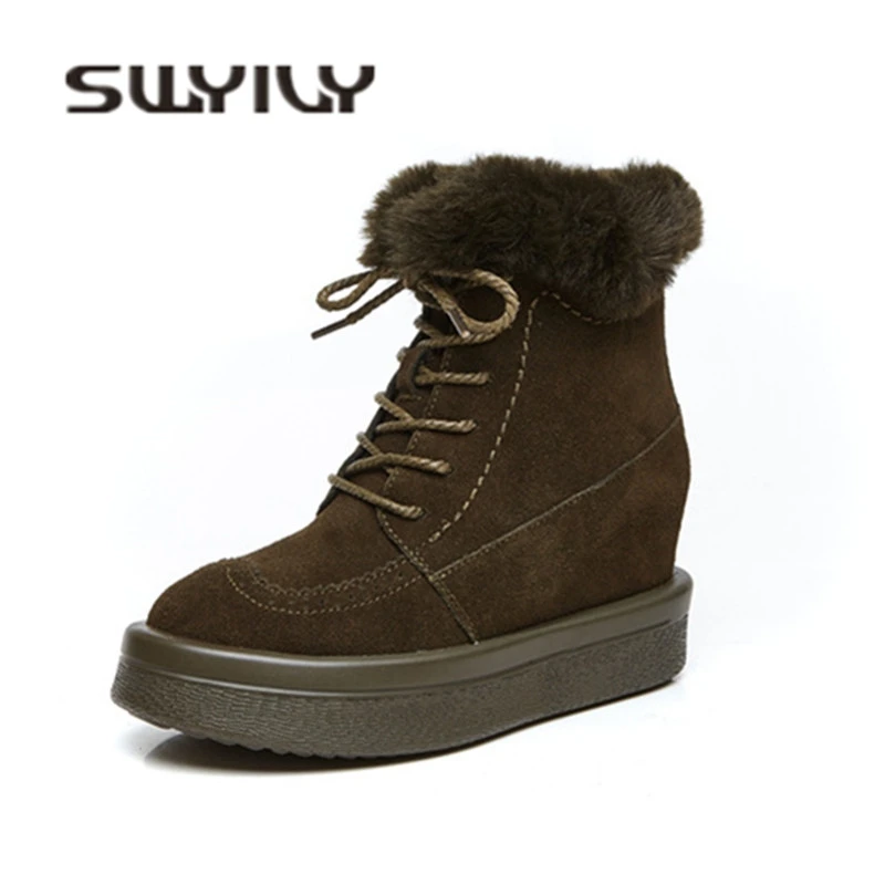 

SWYIVY Women's Snow Boots High Top Sneakers 2018 Winter Fur Warm Casal Snowboots Shoes Woman Zipper Wedge Suede Snow Boots Fur