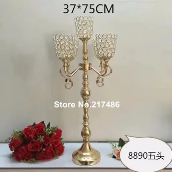 

new style Wholesale Table 5 Arms Cheap Glass Crystal Gold Candelabra Candle Holder Wedding Centerpieces