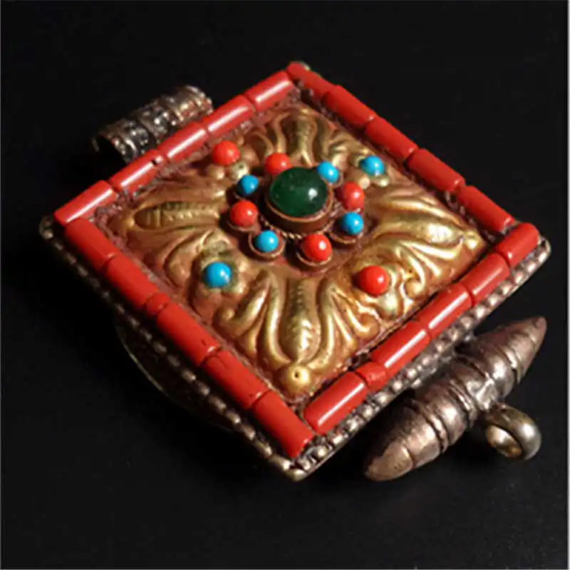 TGB232 Tibetan Brass Golden Square Prayer Box Tibetan Amulet Ghau for