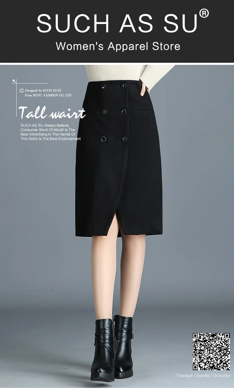 SUCH AS SU осень-зима шерстяные юбки женские 2018 черный Высокая Талия двухрядные кнопку юбка-карандаш S-3XL Женский Средний-длинная юбка