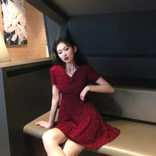 Платье для женщин, одежда, винтажные однотонные летние корейские платья, Красные сексуальные вечерние платья в стиле ретро с v-образным вырезом, женские платья, LW222