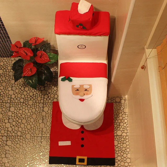 3pcs Elk Santa Claus Snowman Elf Toilet Seat Cover Rug Bathroom Set Contour Christmas Decoration