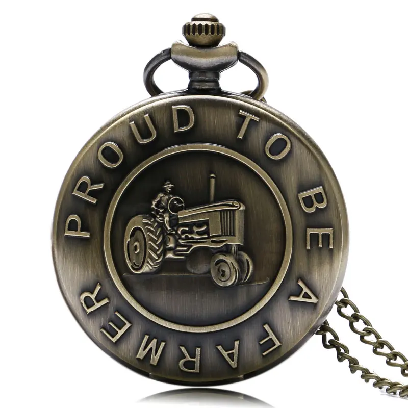Античная бронза комбайн дизайн "горд быть фермером" слова карманные часы высокого качества Fob часы