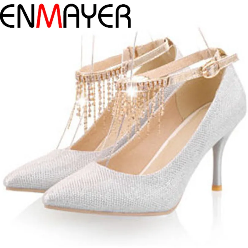 

ENMAYE Black White New Woman Sexy Thin Heels Platform Pumps Fashion Pure Ankle-buckle Princess Wedding Party High-heel Shoes
