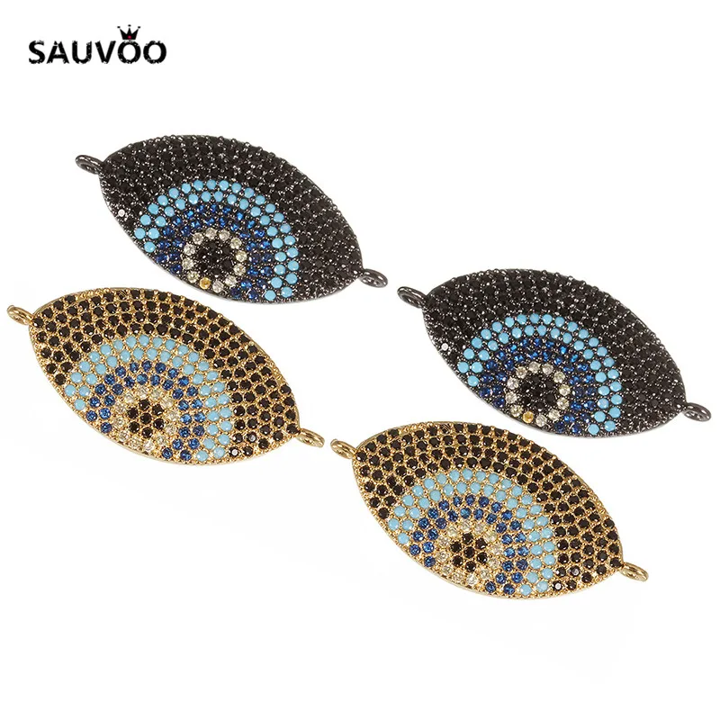 SAUVOO 2pcs/lot Copper Black Gold Color Zircon Crystal Rhinestone Fatima Eye Bracelet Charms Connector 17*33mm DIY Jewelry | Украшения и