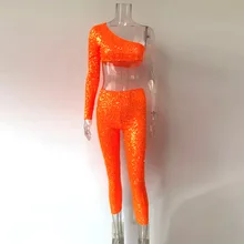 KGFIGU комплект из двух предметов, топ и брюки до середины икры, неоновый, оранжевый, на одно плечо, с блестками, комплект из 2 предметов, спортивный костюм, женский сексуальный твидовый комплект