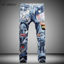 New Famous Brand Mens Jeans Italian Vintage Designer Ripped Biker Jeans Casual Pants Blue Color Cotton Printed Patchwork Jeans