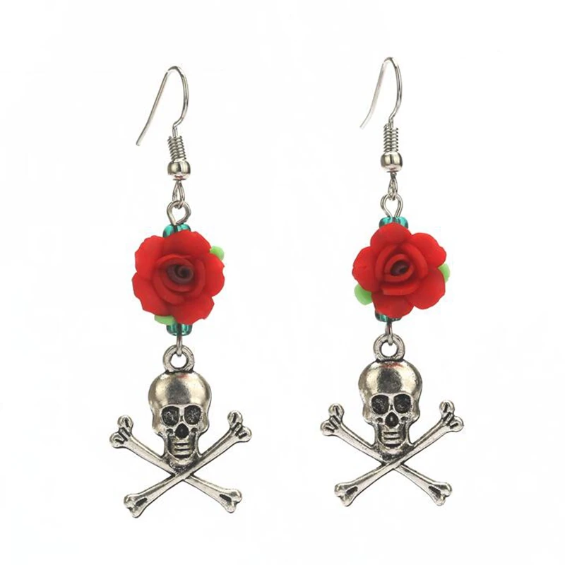 Ethnic Vintage Design 1 Pair Rose Flower Drop Earring Mix Skull And