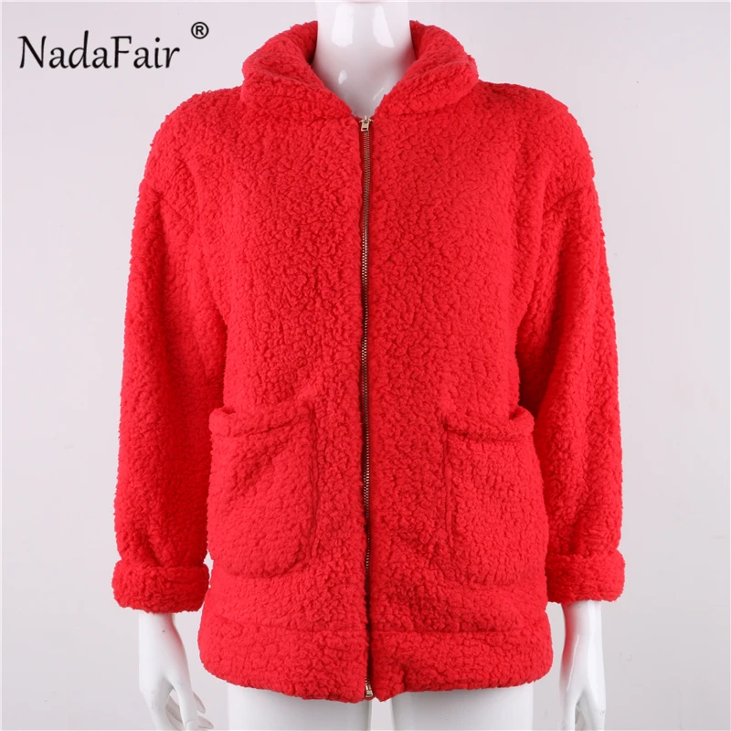 Nadafair, женское плюшевое пальто из искусственного меха, овечья шерсть, карман, Осеннее пушистое меховое пальто размера плюс, зимняя женская плюшевая куртка с отложным воротником