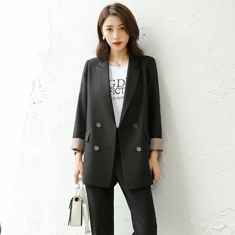 Shuchan Blazer Feminino Autumn Winter 2019 New Items Women's Jacket Black Notched Double Breasted Office Lady Solid Blazer Femme