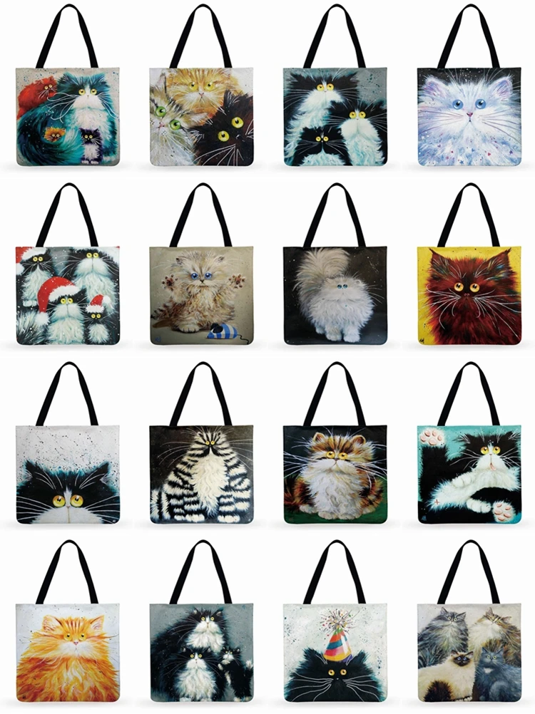 Fresh Cartoon Cat Printed Tote Bag For Women Linen Faric Bag Ladies Shoulder Bag Outdoor Casual Tote Foldable Shopping Bag travel wallet