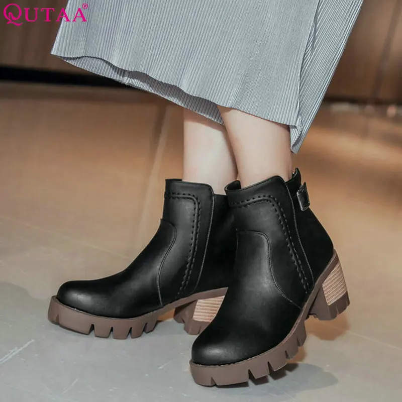 

QUTAA 2019 Women Shoes Pu Leather Fashion Women Ankle Boots Zipper Women Shoes Winter Boots Square Heel Ladies Boots Size 34-43