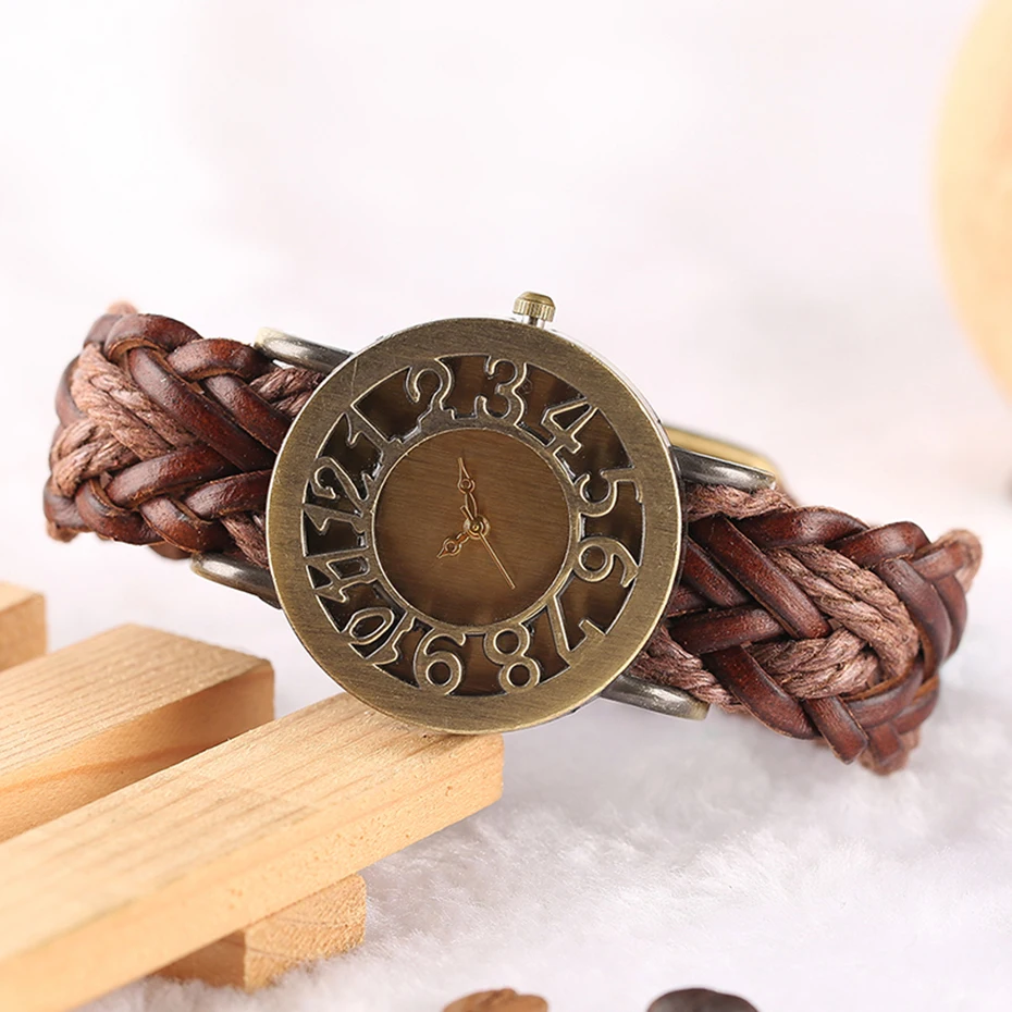 Bohemian Style Lady's Watches Handcraft Black Knitted Leather Watch Band Hollow Arabic Numerals Skeleton Casual  Bracelet Gift (22)