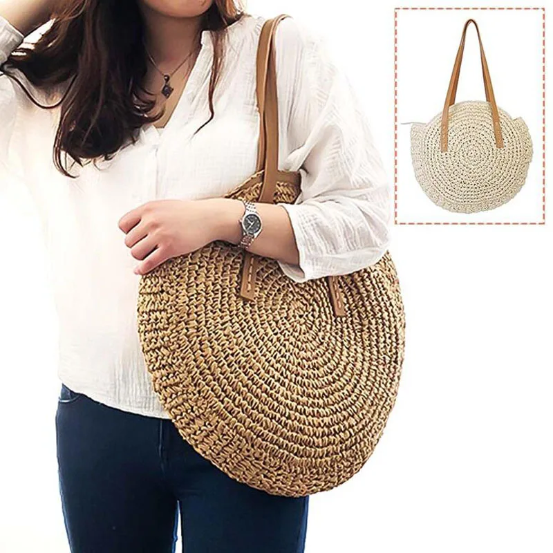 

100pcs/lot New Retro Rattan Woven Straw Round Casual Handbag Women Shoulder Bag Summer Beach Bag Messenger Totes