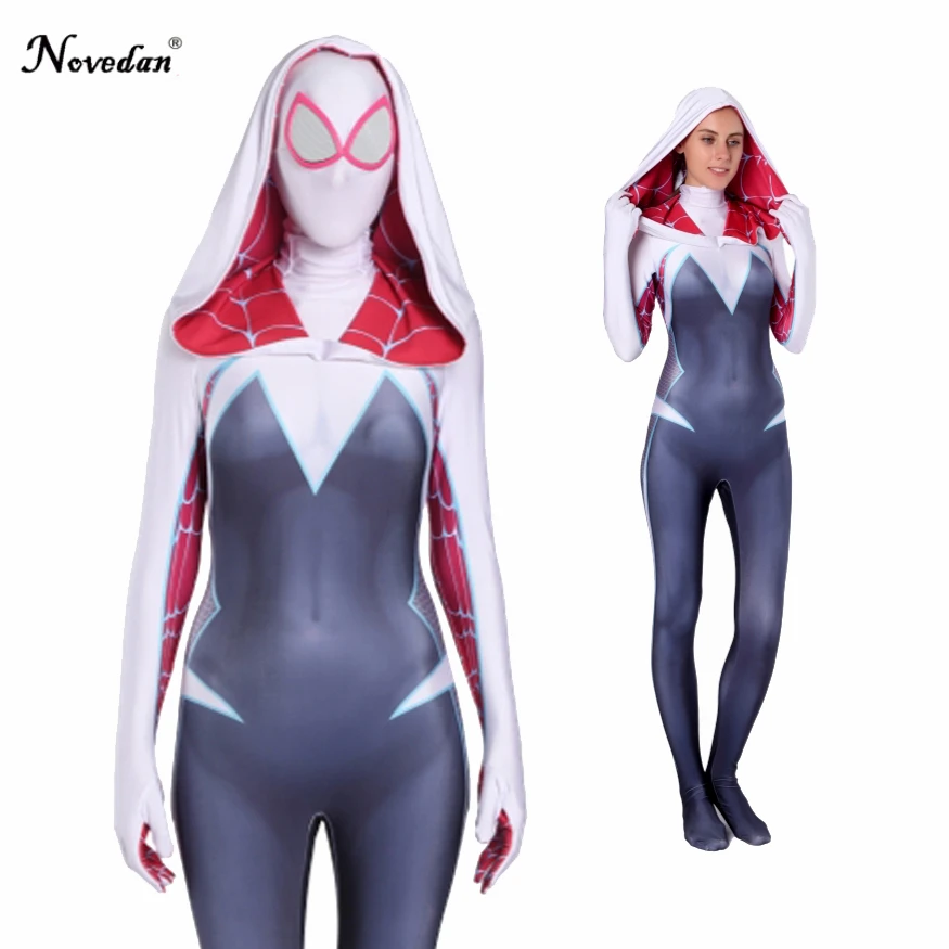 

Spider Gwen Stacy Spandex Lycra Zentai Spiderman Costume For Halloween Mask Cosplay Women Female Spider Suit Anti-Venom Gwen