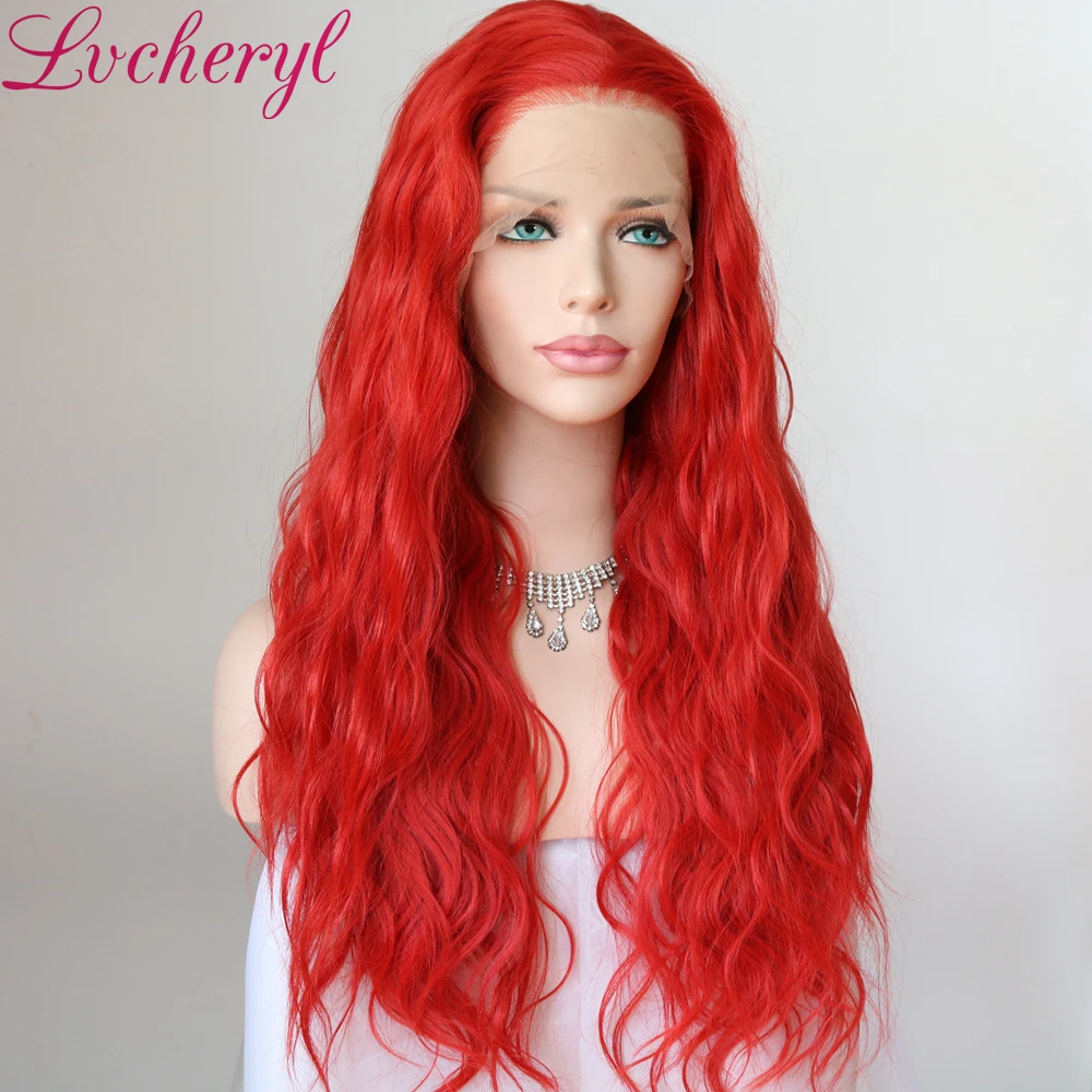 Lvcheryl естественная волна Красного цвета 13x6 кружево парики синтетический Синтетические волосы на кружеве парик Futura волосы парики шнурка