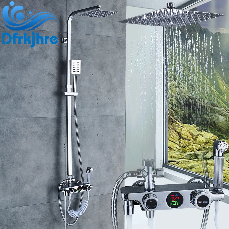 

Bathroom LED Chrome 8" Faucet Hot and Cold Water Mixer Valve Faucets Rainfall Taps Temperature Display High Pressure Spray Gun