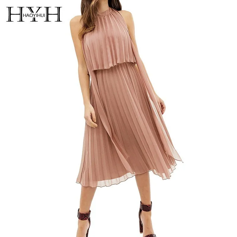 

HYH Haoyihui Office Lady Backless Sexy Party Dress Necktie Round Collar Pleated Medium-length Dresses Women Summer Wholesale