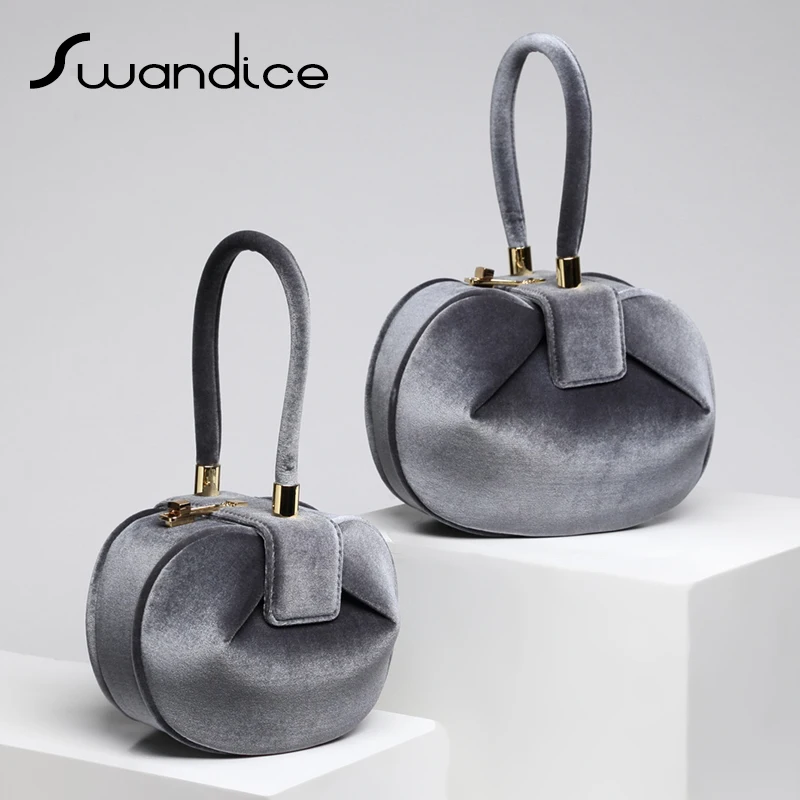 

2019 Chic Vintage Velvet Velour Fabric Small Elegant Pillow Boston Box Barrel Handbags Clutch Evening Bag Women Female Niche