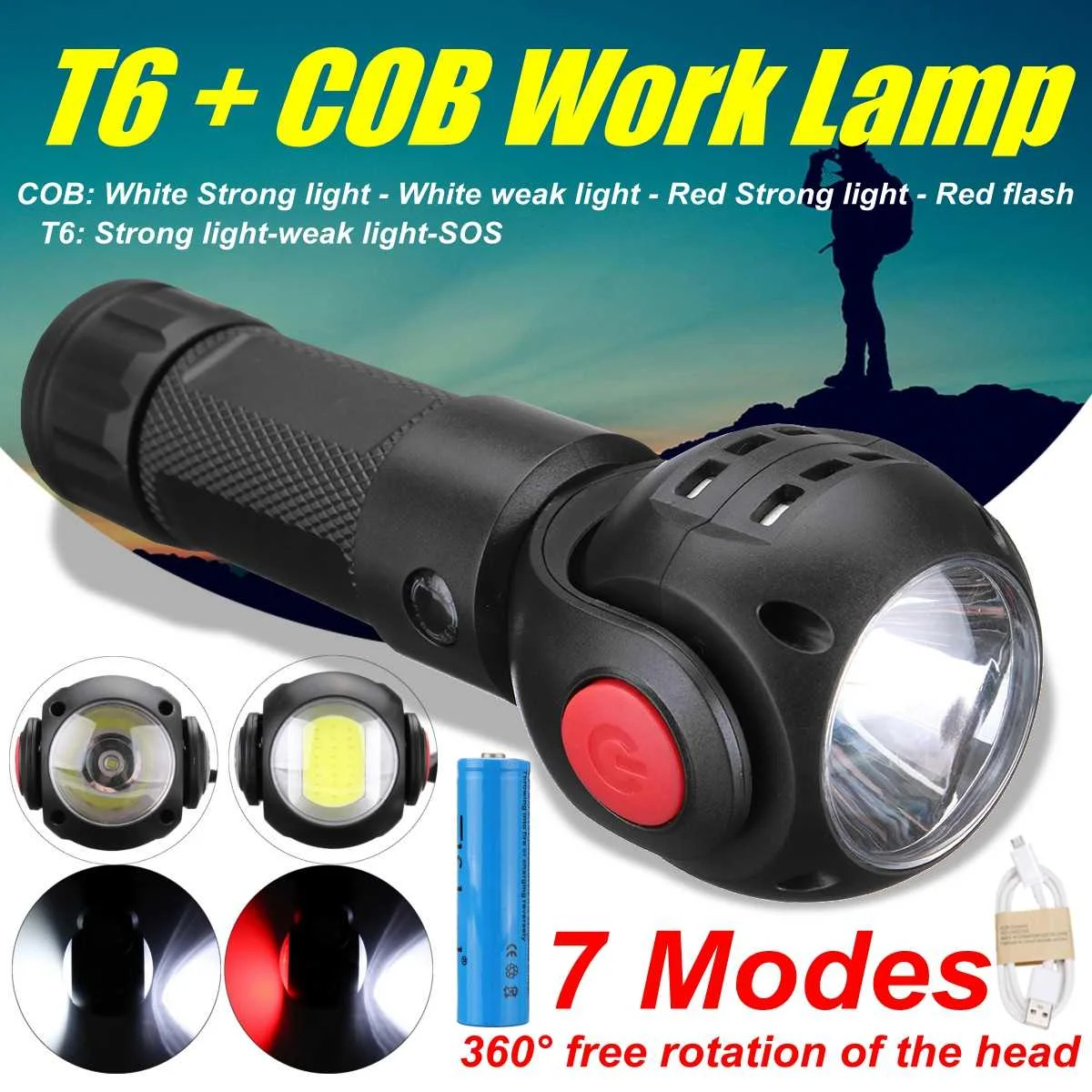 Новый T6 COB светодиодный USB Перезаряжаемый фонарик Магнитный COB портативный фонарик, лампа для работы, встроенный 18650 Аккумулятор для