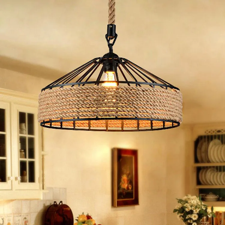 

Retro chandelier creative wind restaurant, pot cover with hemp rope Chandelier