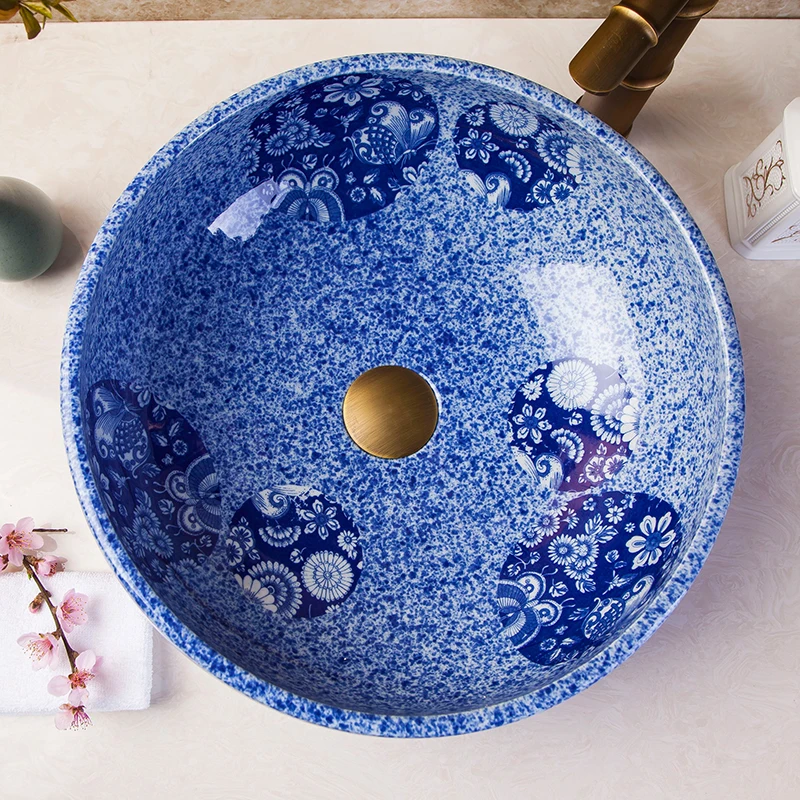 Blue And White China Artistic Handmade Ceramic wash basin Lavobo Round Counter top commercial bathroom vanities bathroom sinks (11)