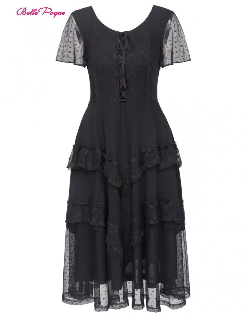 

Belle Poque Retro Vintage Women's 2 Layers Dresses Short Sleeve U-Neck Floral Printed Lace Hollowed Flared A line Party Dress