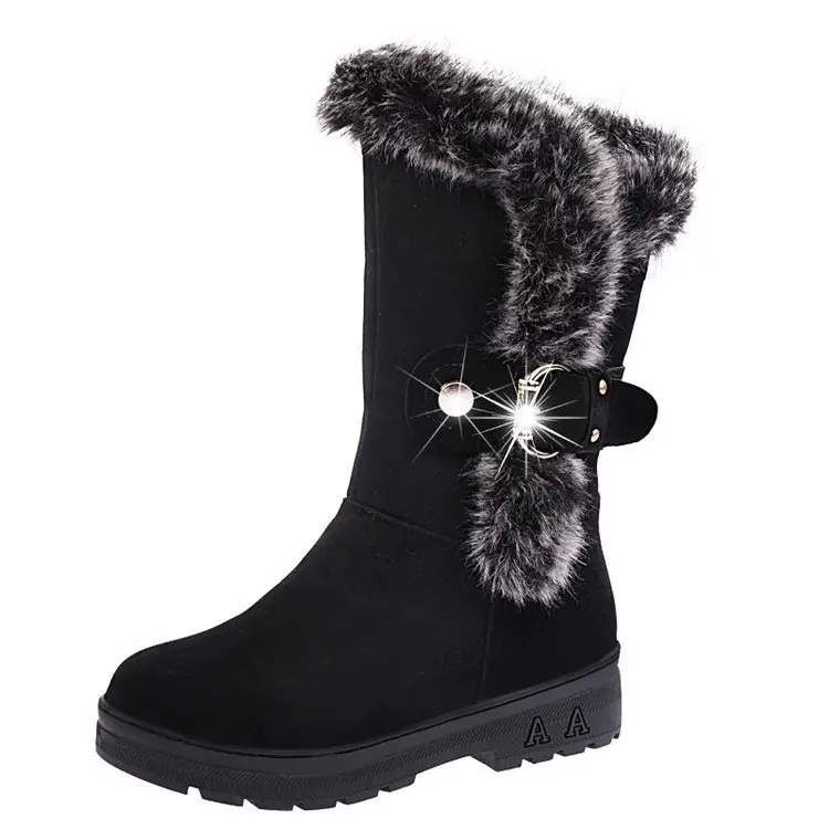 

Ms. Autumn Winter 2019 New European American Round-heeled Snow Boots With Furry Heating Large Size Mid-boots