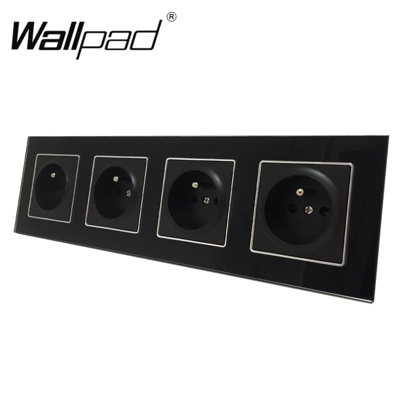

Quadruple French Socket Round Box Mount CE Wallpad Luxury Black Crystal Glass 4 Way 16A French Standard Power Socket with Claws