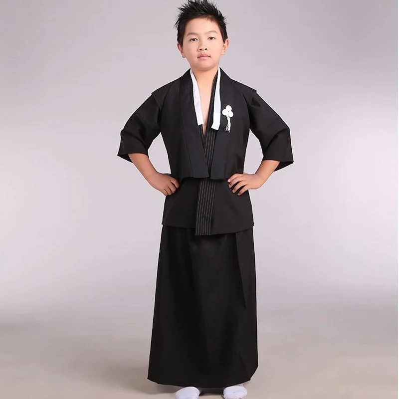Black Japanese Boys Kimono Child Warrior Traditional Swordmen Yukata Kid Stage Performance Clothing Cosplay Costumes B-069