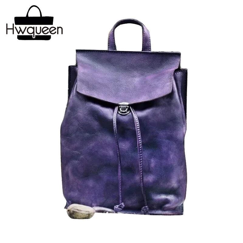 

Hand Painted Vintage Designer Genuine Leather Drawstring Closure Female Purple Backpack Real Soft Cow Skin Women's Back Pack