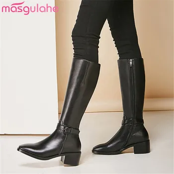 

Masgulahe 2019 hot sale knee high boots women round toe zip buckle autumn winter boots square high heels woman casual shoes