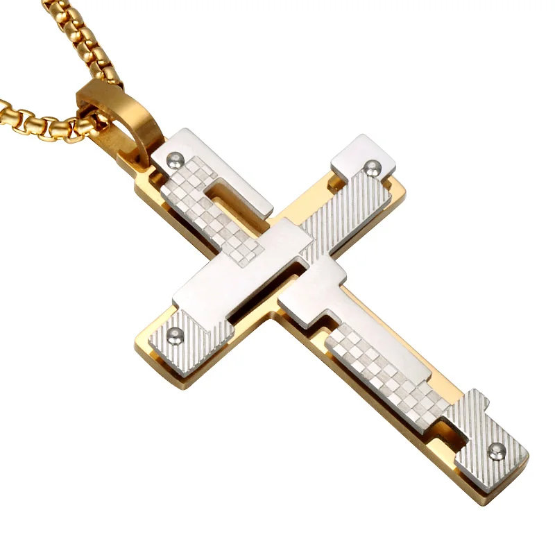 

HIP Hollow Double Layer Cross Necklace Gold Color Stainless Steel Personality Cross Pendant For Men Prayer Jewelry Gift
