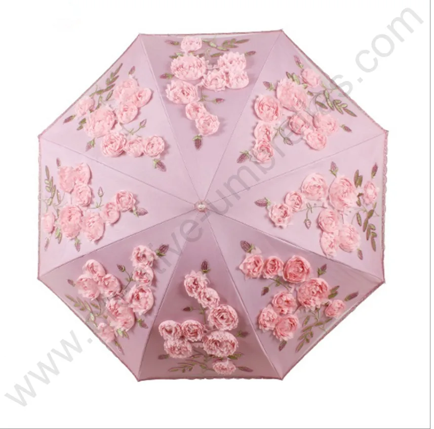 

Two fold drag spring Peony embroidery umbrellas 5 times black coating UPF>50+ stong anti-UV ladies' princess flower lace parasol