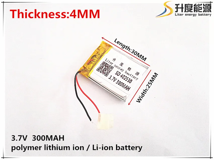 

Li-Po 1pcs [SD] 3.7V,300mAH,[402530] Polymer lithium ion / Li-ion battery for TOY,POWER BANK,GPS,mp3,mp4,cell phone,speaker