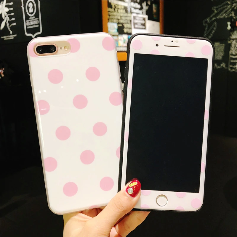 

For iPhone X elegant Polka Dots Cases & Tempered Glass Screen film For iPhone 8 8plus 7 7Plus 6 6S 6Splus Retro Soft Back cover